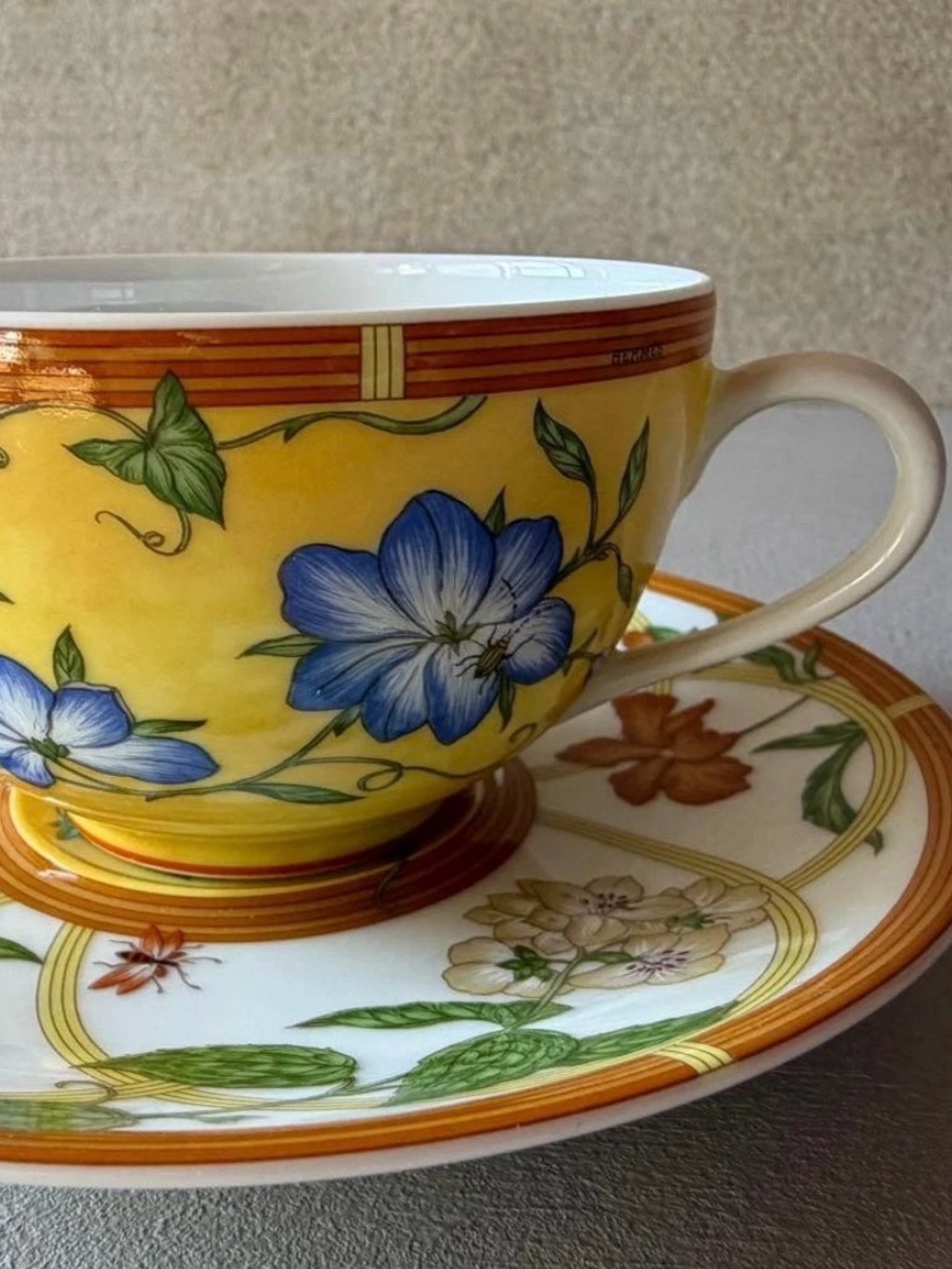 Yellow Floral Porcelain Teacup and Saucer Set